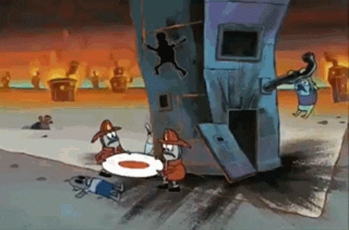 A Cartoon Of Two Firefighters Standing Next To A Burning Building GIF