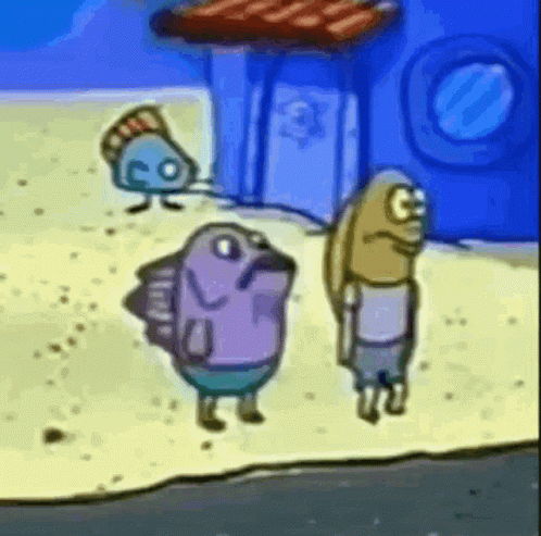 A Cartoon Of Two Fish Standing Next To Each Other On A Beach . GIF