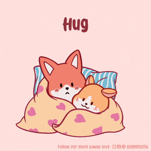 A Cartoon Of Two Foxes Hugging Each Other With The Words Hug Written Above Them GIF