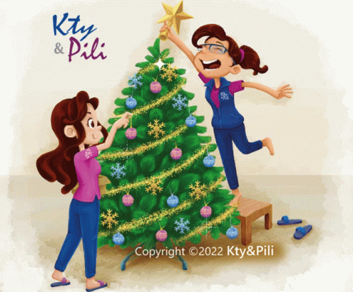 A Cartoon Of Two Girls Decorating A Christmas Tree Is Copyrighted By Kty And Pili GIF