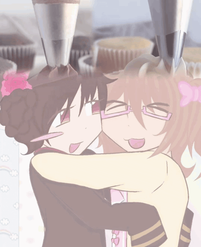 A Cartoon Of Two Girls Hugging With Cupcakes In The Background GIF