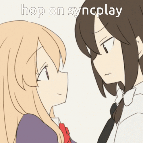 A Cartoon Of Two Girls Looking At Each Other With The Words Hop On Syncplay Below Them GIF