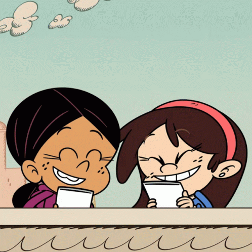 A Cartoon Of Two Girls Smiling And Looking At Their Phones GIF