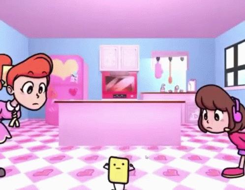 a cartoon of two girls standing in a kitchen with a yellow square standing in the middle