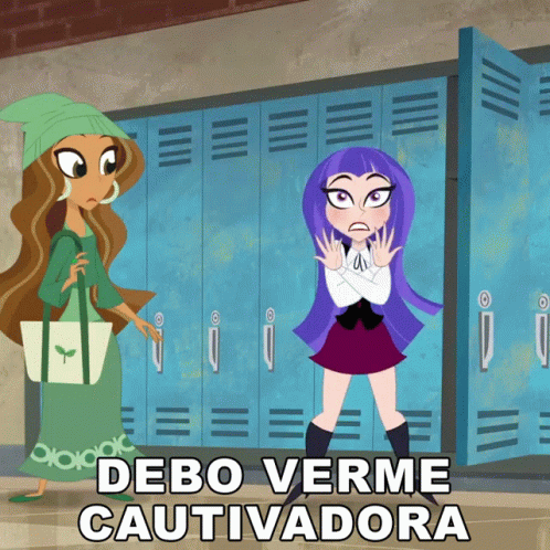 A Cartoon Of Two Girls Standing In Front Of Lockers With The Words Debo Verme Cautivadora On The Bottom GIF