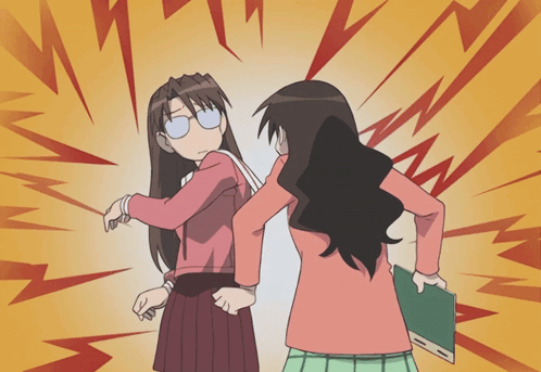 A Cartoon Of Two Girls Standing Next To Each Other With Lightning Bolts In The Background GIF