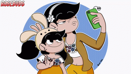 Two Girls Taking Selfie With Rosebuds Text GIF