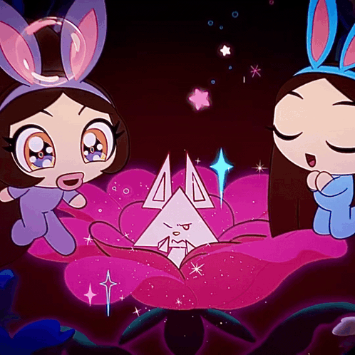 A Cartoon Of Two Girls With Bunny Ears Sitting On A Pink Flower GIF