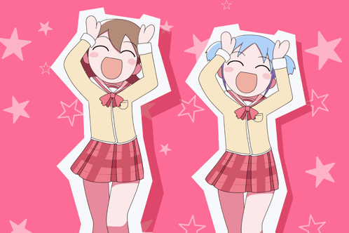 A Cartoon Of Two Girls With Their Hands In The Air On A Pink Background GIF