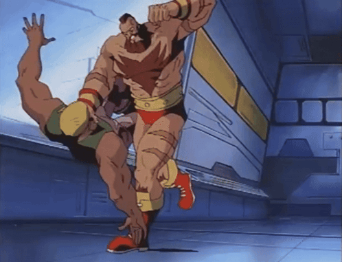 A Cartoon Of Two Men Fighting With One Wearing Red Shoes GIF