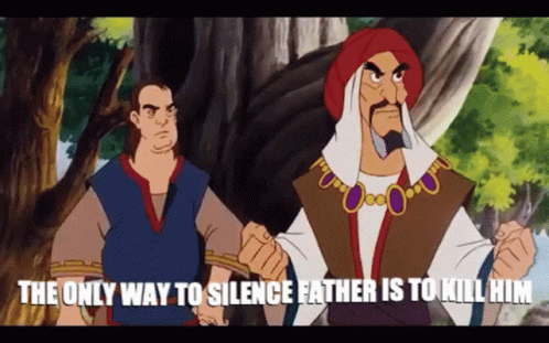 A Cartoon Of Two Men Holding Hands With The Words " The Only Way To Silence Father Is To Kill Him " GIF