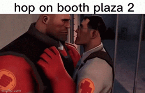 A Cartoon Of Two Men Kissing With The Words Hop On Booth Plaza 2 GIF