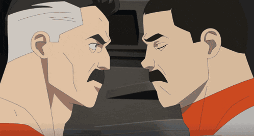 A Cartoon Of Two Men Looking At Each Other With Their Eyes Closed GIF