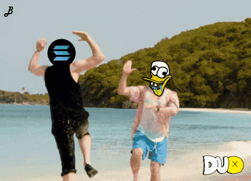 Cartoon Of Two Men On Beach With Dux GIF