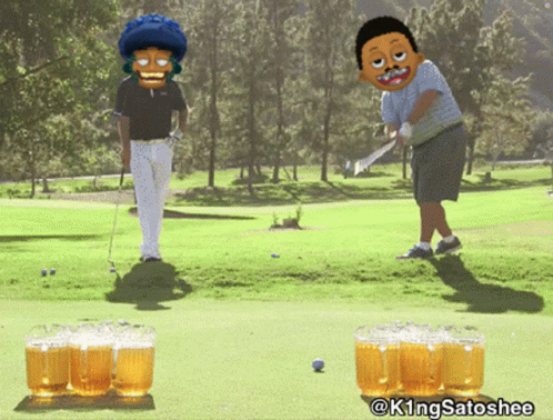 A Cartoon Of Two Men Playing Golf With Beer Mugs In The Foreground And @Kingsatoshee At The Bottom GIF