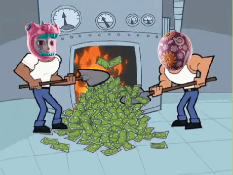 A Cartoon Of Two Men Shoveling Money Into A Pile GIF