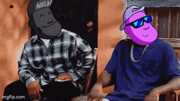 A Cartoon Of Two Men Sitting Next To Each Other With One Wearing A Hat And Sunglasses . GIF
