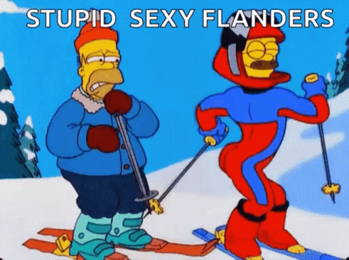 A Cartoon Of Two Men Skiing With The Words Stupid Sexy Flanders On The Bottom GIF