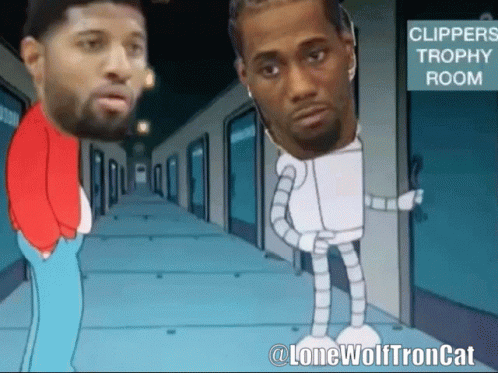 a cartoon of two men standing in a hallway with a sign that says clippers tropical room