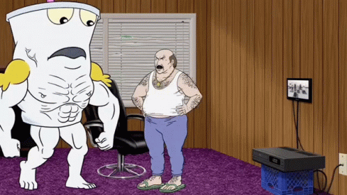 Two Men Standing In Living Room With Blue Crate GIF