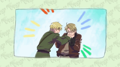 A Cartoon Of Two Men Standing Next To Each Other With A Green Background That Says ' Norway ' On It GIF