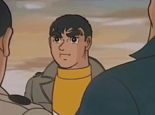 A Cartoon Of Two Men Standing Next To Each Other With One Smiling GIF