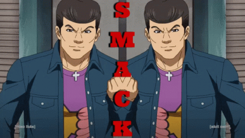 A Cartoon Of Two Men Standing Next To Each Other With Smack Written On The Bottom GIF