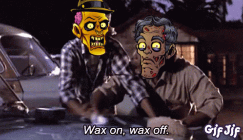 A Cartoon Of Two Men Waxing A Car With The Words Wax On Wax Off GIF