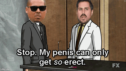 A Cartoon Of Two Men With The Caption " Stop My Penis Can Only Get So Erect " GIF