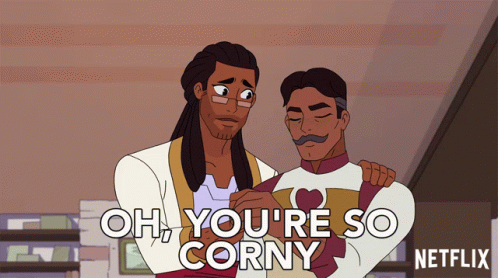 A Cartoon Of Two Men With The Words Oh You 'Re So Corny GIF