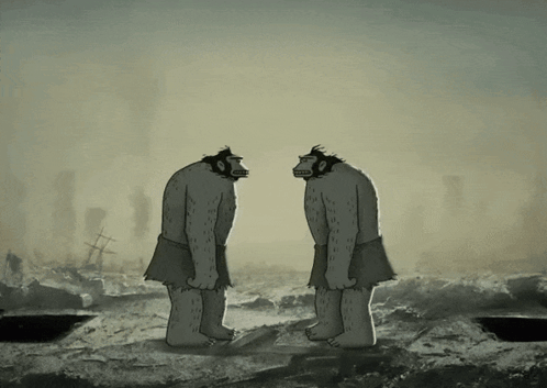 A Cartoon Of Two Monkeys Standing Next To Each Other In A Field GIF