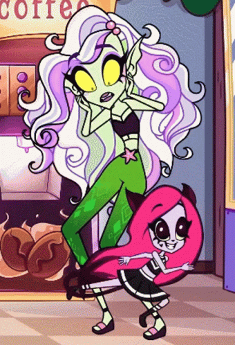 A Cartoon Of Two Monster High Characters Standing Next To Each Other In Front Of A Coffee Machine GIF
