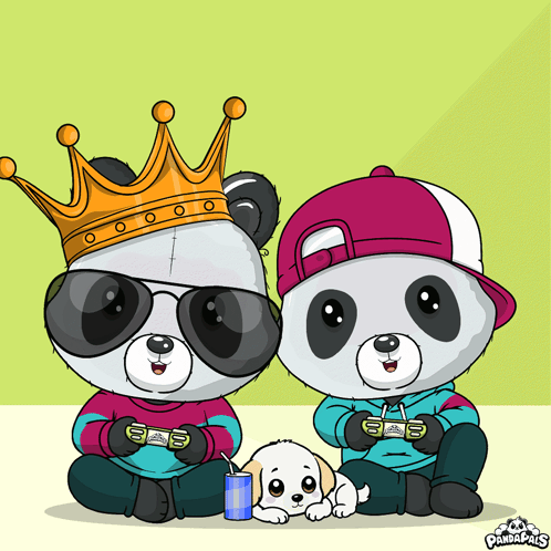 A Cartoon Of Two Panda Bears Playing Video Games With A Dog GIF
