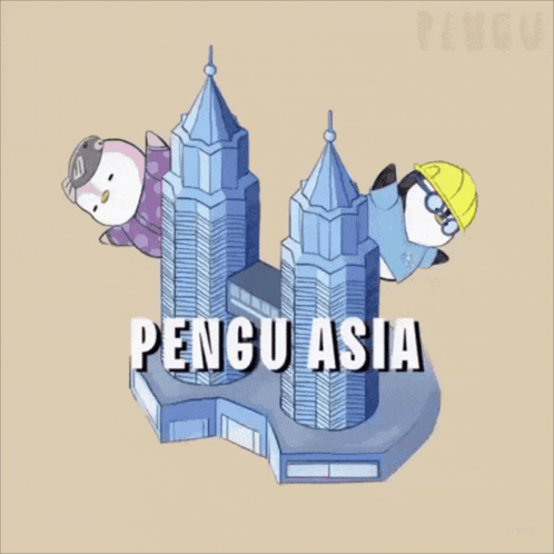 A Cartoon Of Two Penguins And A Building That Says " Pengu Asia " GIF
