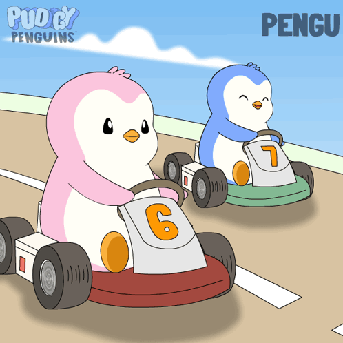 a cartoon of two penguins driving go karts with the name pengu on the bottom right