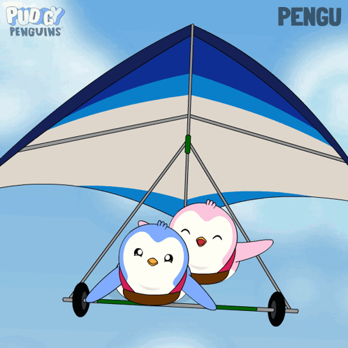A Cartoon Of Two Penguins Flying On A Puddy Penguins Paraglider GIF
