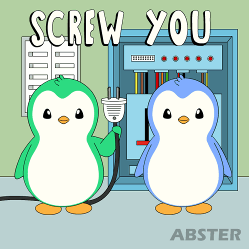 A Cartoon Of Two Penguins Holding A Plug And The Words " Screw You " Above Them GIF