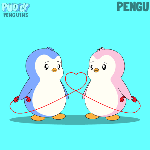 A Cartoon Of Two Penguins Holding A Red String With The Word Pengu On The Bottom Right GIF