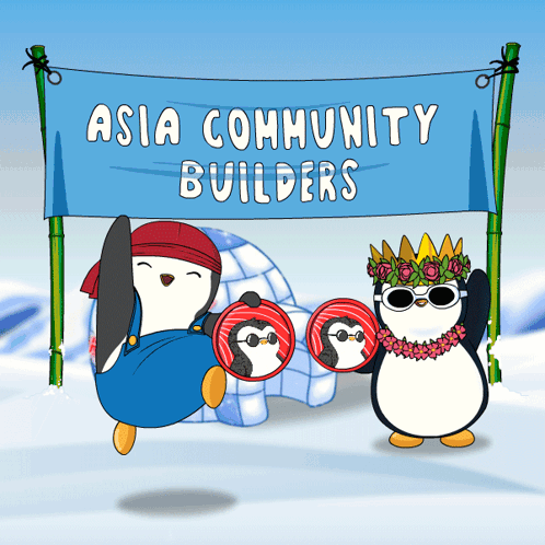 A Cartoon Of Two Penguins Holding A Sign That Says Asia Community Builders GIF