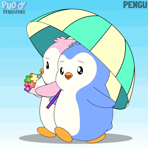 A Cartoon Of Two Penguins Holding An Umbrella With The Name Pengu Below Them GIF