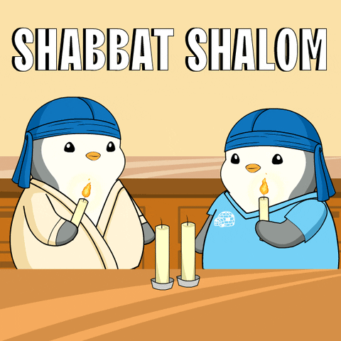 A Cartoon Of Two Penguins Holding Candles With The Words Shabbat Shalom Written Above Them GIF