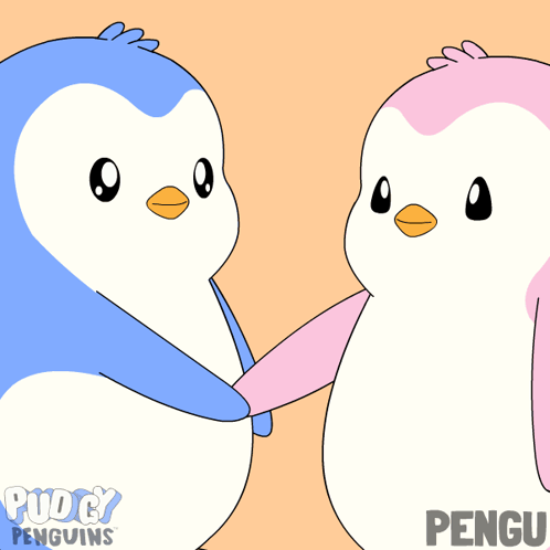 A Cartoon Of Two Penguins Holding Hands With The Words Hi Pengu Behind Them GIF