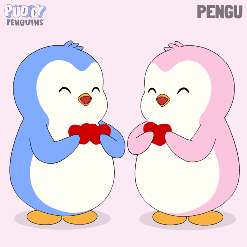 A Cartoon Of Two Penguins Holding Red Hearts With The Name Pengu On The Bottom GIF