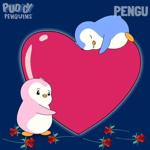 a cartoon of two penguins hugging a large heart with the word pengu on it