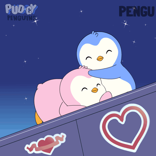 a cartoon of two penguins hugging each other with the word pengu on the bottom right