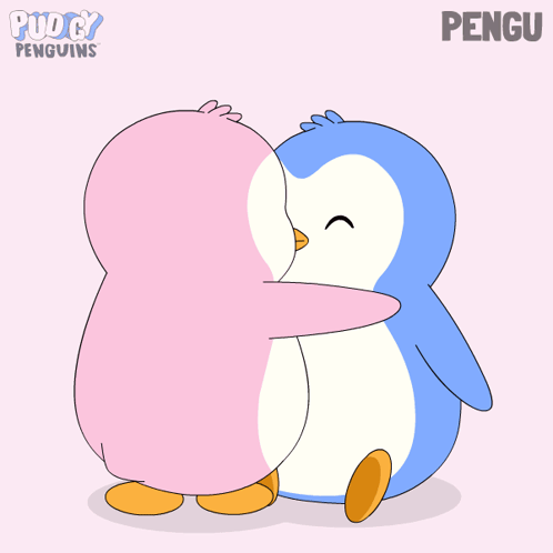 A Cartoon Of Two Penguins Hugging Each Other With The Words Puddy Penguins Behind Them GIF