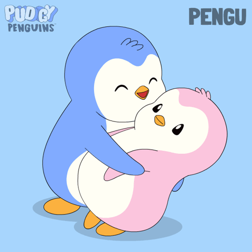 a cartoon of two penguins hugging with the name pengu on the bottom right