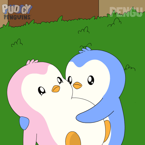 A Cartoon Of Two Penguins Hugging With The Words Pudgy Penguins Behind Them GIF