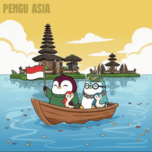 A Cartoon Of Two Penguins In A Boat With The Words Pengu Asia Below Them GIF