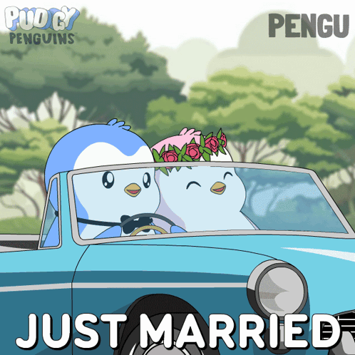 A Cartoon Of Two Penguins In A Car With The Caption Just Married GIF